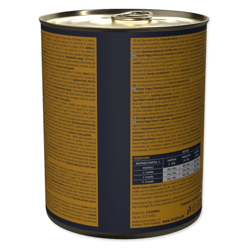 Konzerva Ontario Puppy kuřecí pate s příchutí spiruliny 800g