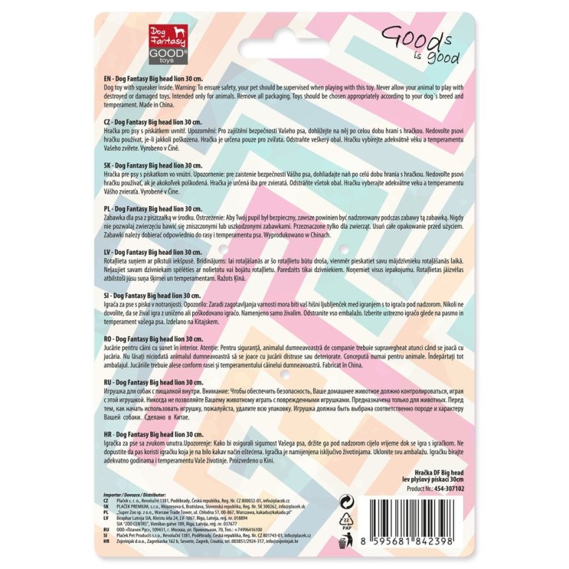 Hračka Dog Fantasy Big head lev plyšový pískací 30cm