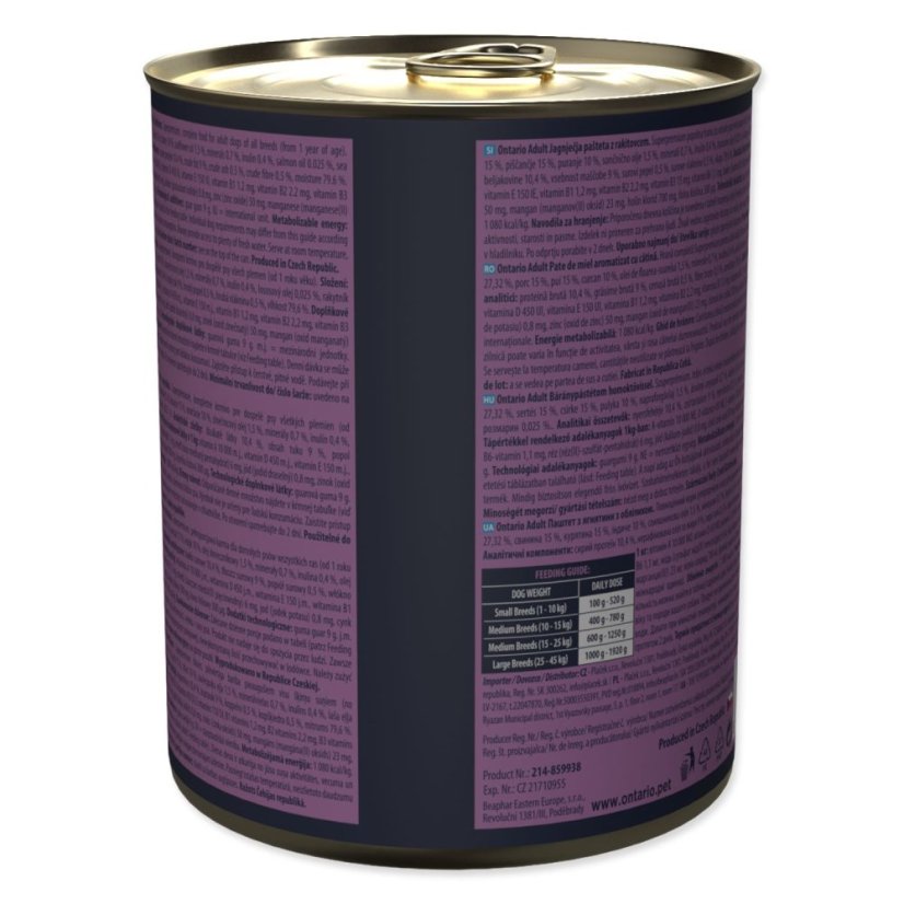 Konzerva Ontario Adult jehněčí pate s příchutí rakytníku 800g