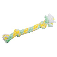 Hebká pletená činka, 2 uzly, 20 cm, pistáciová, žlutá, bílá, HipHop Dog PLUSH