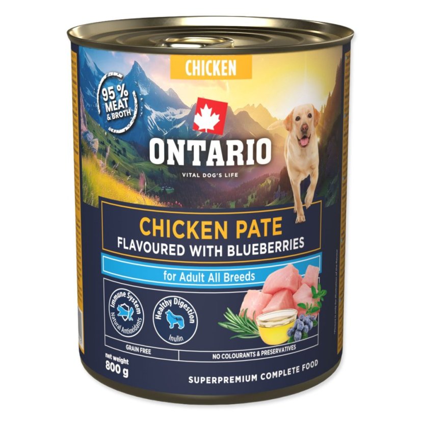 Konzerva Ontario Adult kuřecí pate s příchutí borůvek 800g