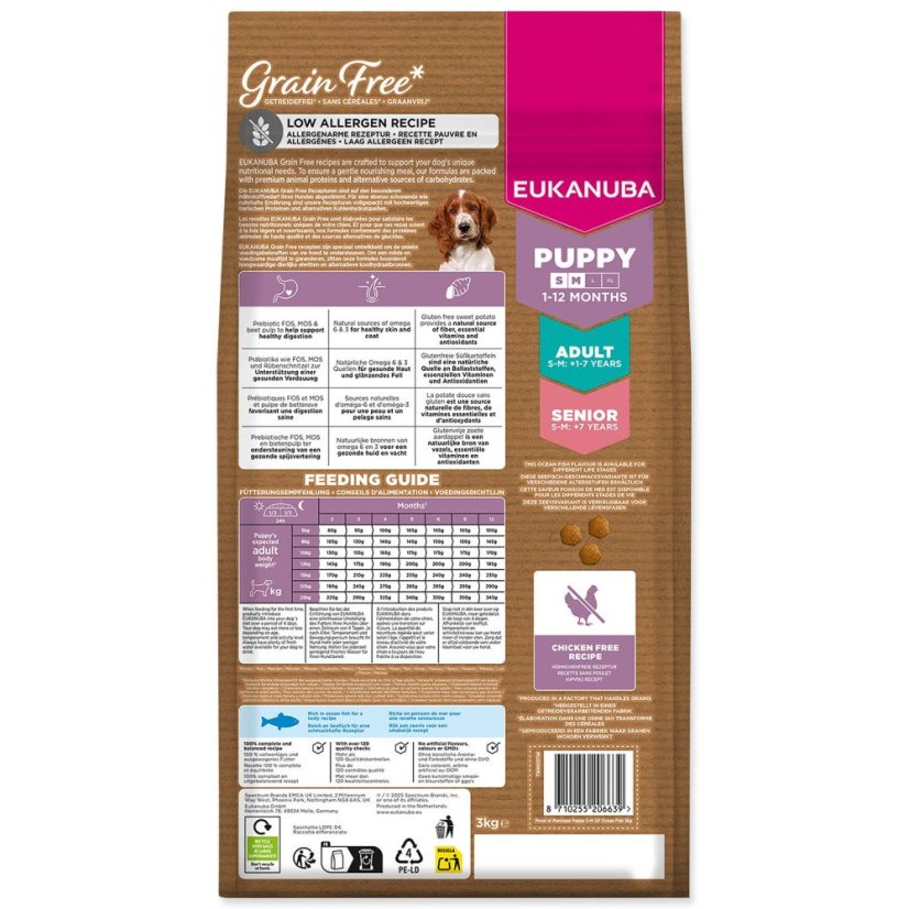 Krmivo EUKANUBA Grain Free Puppy Small & Medium rich in ocean fish 3kg