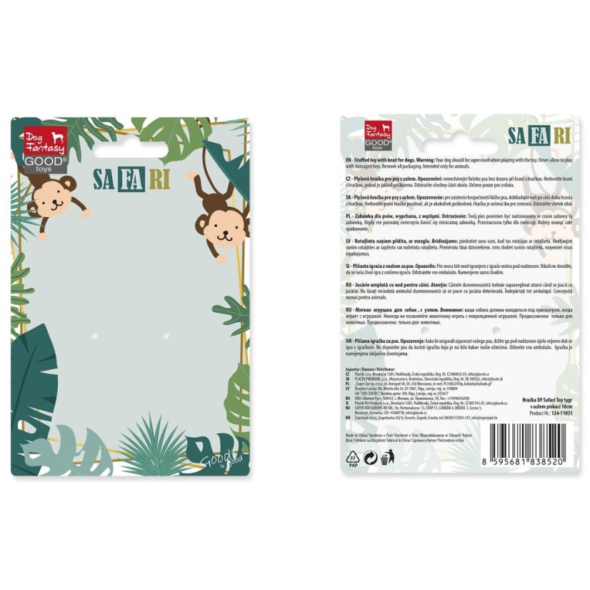 Hračka Dog Fantasy Safari tygr s uzlem pískací 18cm
