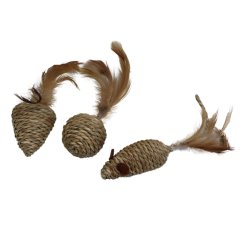 Hračka pro kočky z mořské trávy s peřím - myš, koule, kužel 