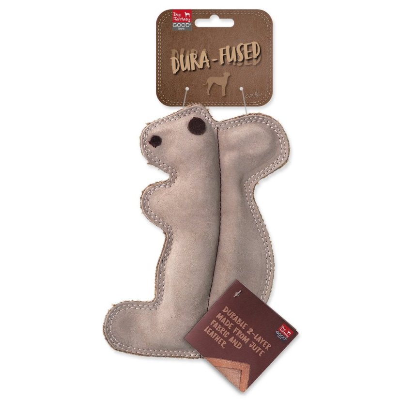 Hračka Dog Fantasy Dura-fused veverka pískací, kůže a juta 20cm