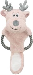 Vánoční sob na laně, šustící, 47 cm, plyš/bavlněné lano, růžová/šedá