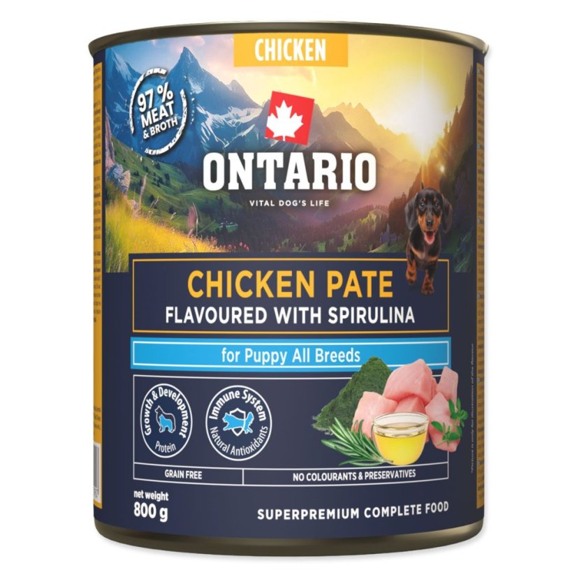 Konzerva Ontario Puppy kuřecí pate s příchutí spiruliny 800g