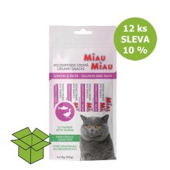 Miau Miau Creamy Snacks Cat losos a kachní 15 g 4 pack (12 ks) SLEVA 10 %