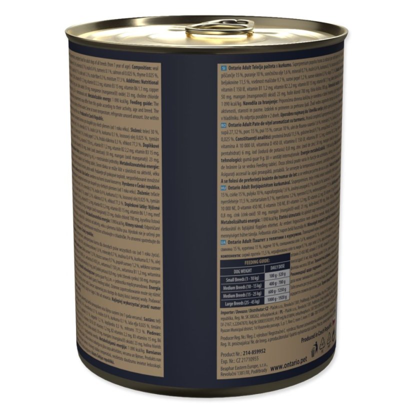 Konzerva Ontario Adult telecí pate s příchutí kurkumy 800g