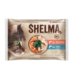 SHELMA Cat losos a treska, kapsa 85 g (4 pack)