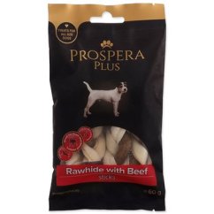 Pochoutka Prospera Plus Surová kůže s hovězím pletená tyčinka 4ks 7,5cm