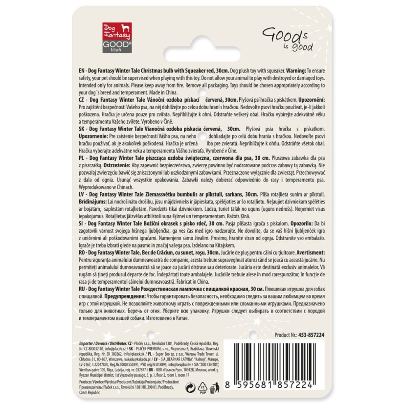 Hračka Dog Fantasy Winter Tale ozdoba vánoční pískací, červená 30cm