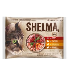 SHELMA Cat kuře, hovězí, kachna a krůta, kapsa 85 g (4 pack)