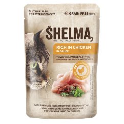 SHELMA Cat kuřecí s rajčaty a bylinkami v omáčce, kapsa 85 g