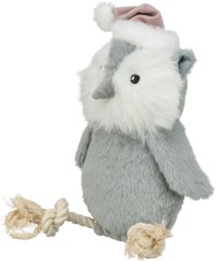 Vánoční sova na laně, se zvukem,  31 cm, plyš/bavlněné lano, šedá/bílá/béžová