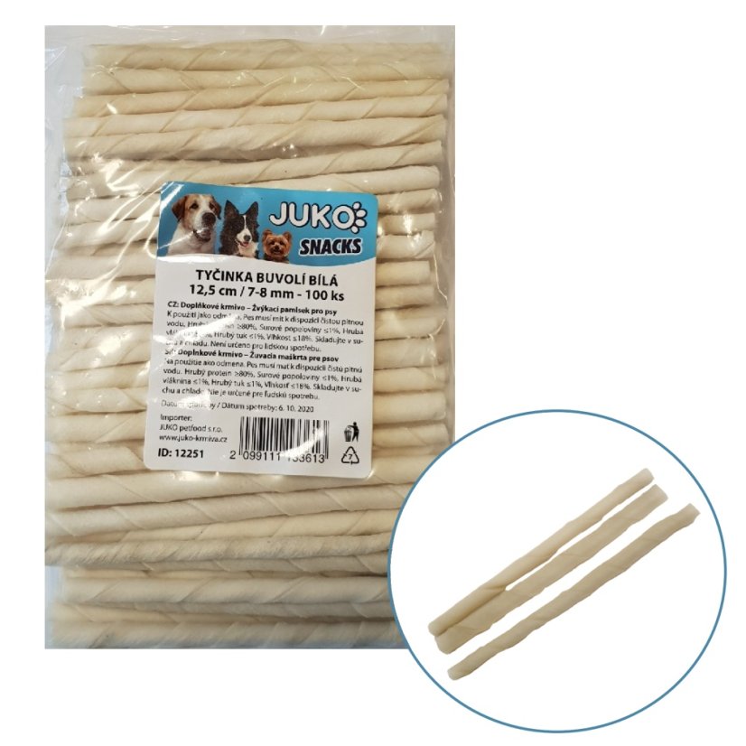 Tyčinka buvolí bílá JUKO Snacks12,5 cm, 7 - 8 mm (100 ks)