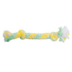 Hebká pletená činka, 2 uzly, 20 cm, pistáciová, žlutá, bílá, HipHop Dog PLUSH